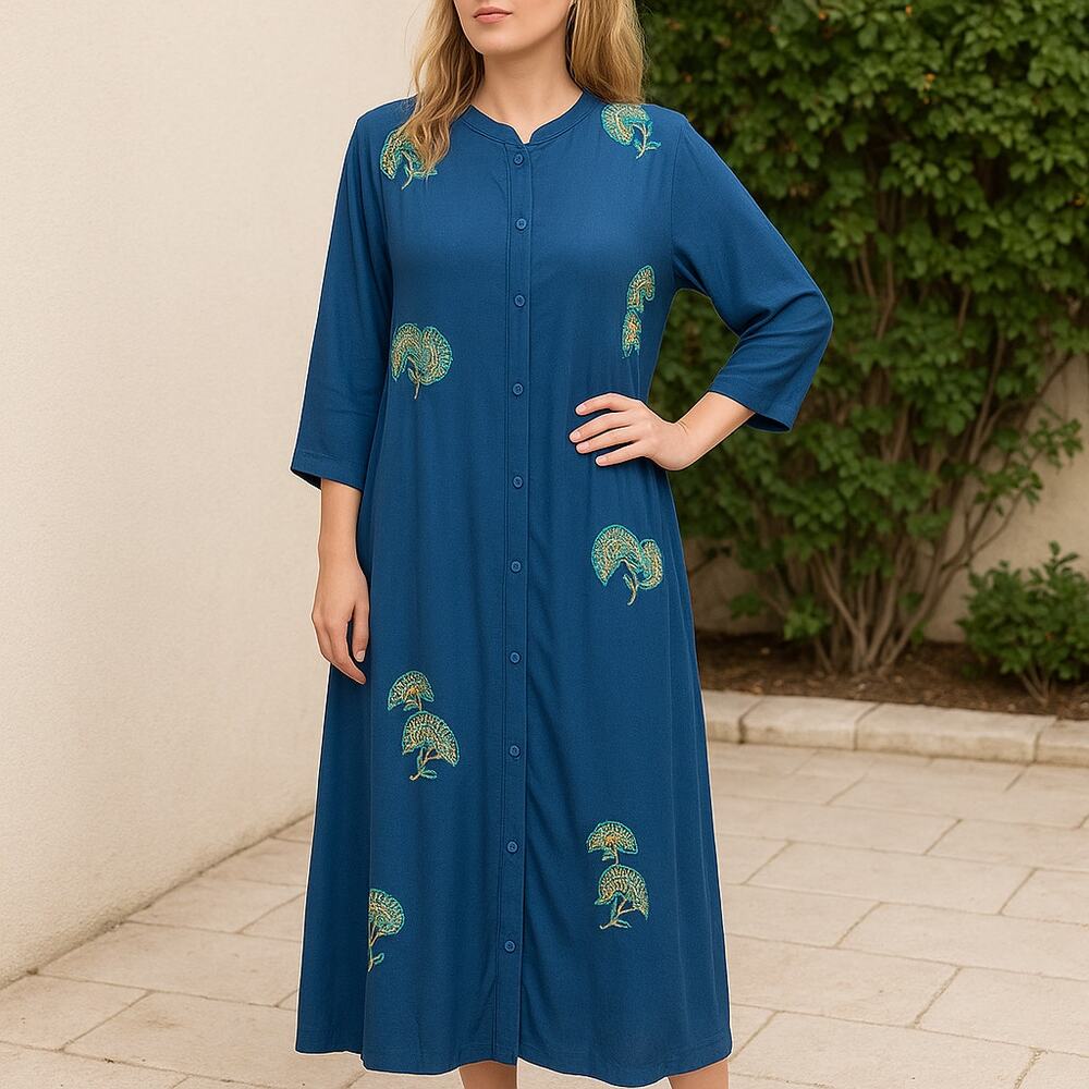 Women's L Boho Ethnic Blue Embroidered Button-Front Maxi Dress Amrapali